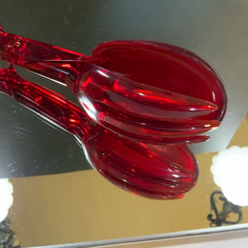 Red Salad Tongs Fork and Spoon Plastic Vibrant Red 11 1/2 in Long NOS #67